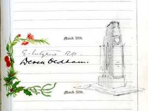Autograph with a drawing of the Cenotaph by Sir Edwin Lutyens in a birthday book now owned by Radley College